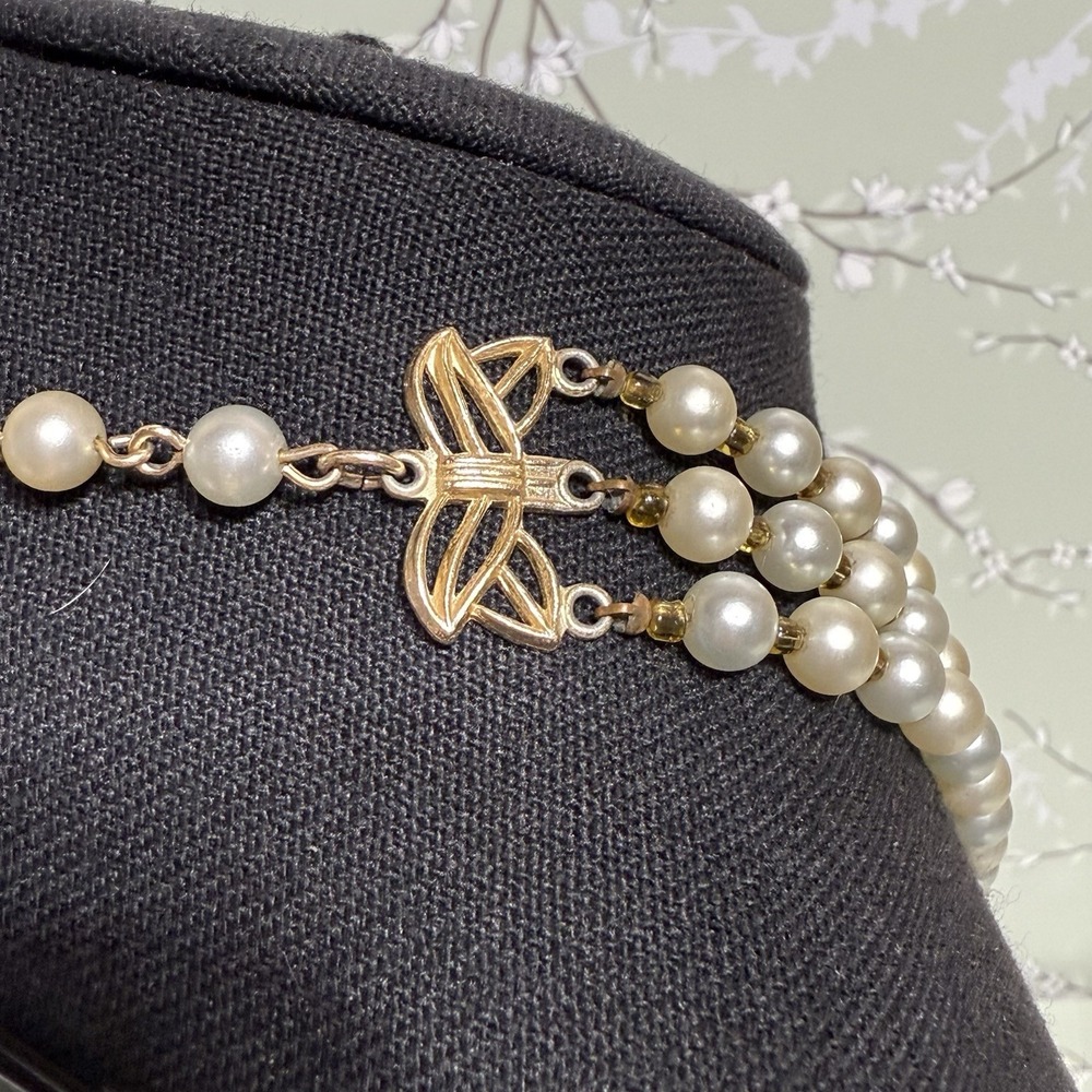 VTG Necklace Multi-Strand Signed JAPAN Gold Tone Faux Pearl Shepherd Hook Estate - Picture 5 of 12